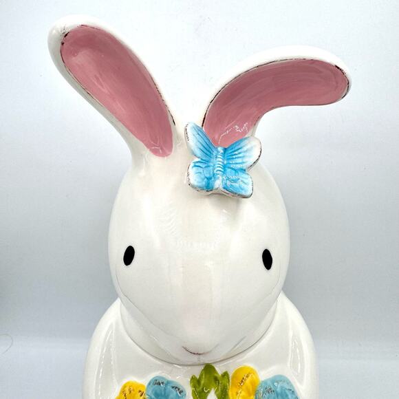 Pier 1 Imports China Easter Bunny Cookie Jar White Spring Flowers - Picture 2 of 7